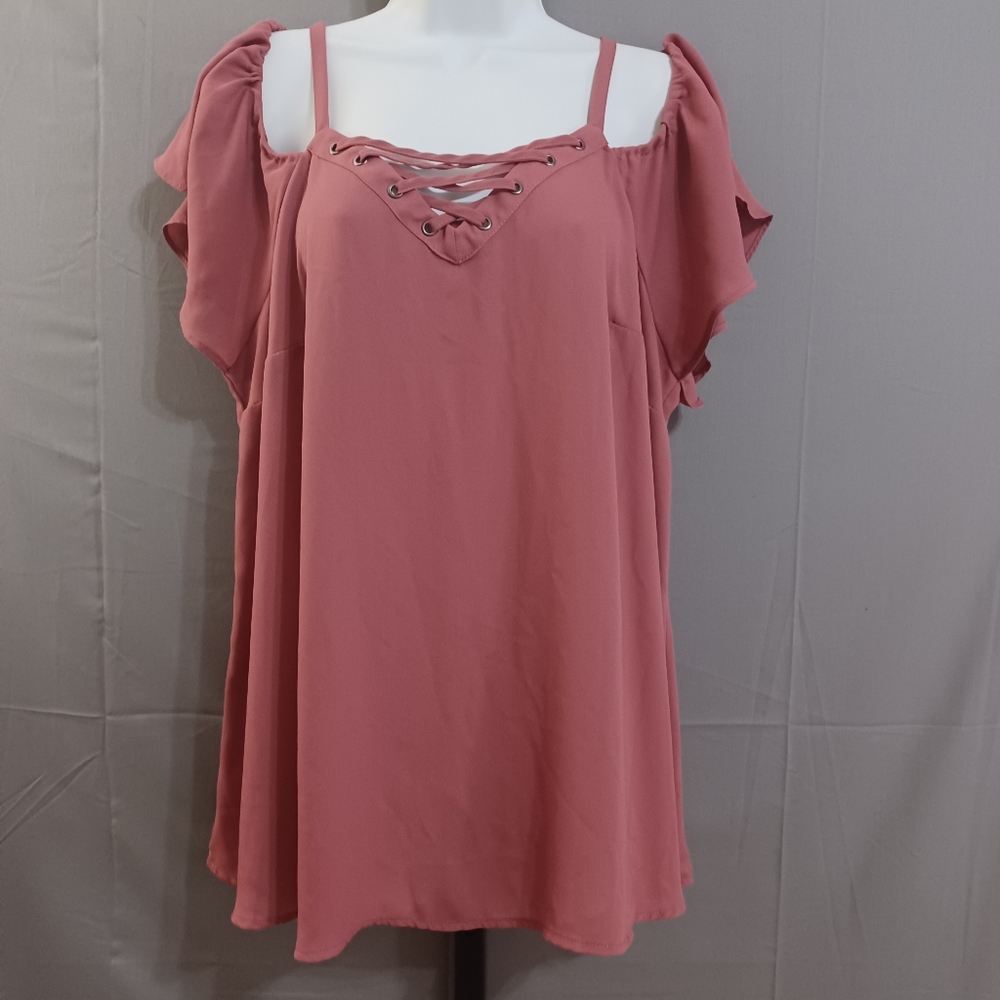 Torrid top cold shoulder flutter sleeves spagetti straps brown copper sz 12